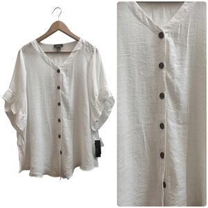 ALVX New White Semi Sheer Lightweight Breezy V Neck Button Front Blouse Size 0X